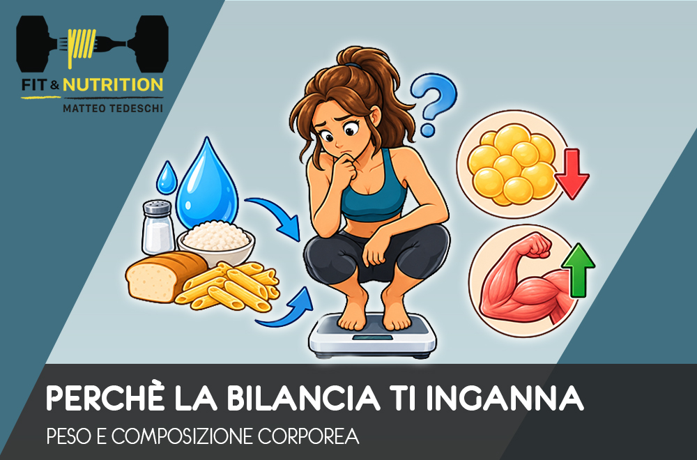 Illustrazione di una donna sulla bilancia con simboli di acqua, massa grassa e muscolare